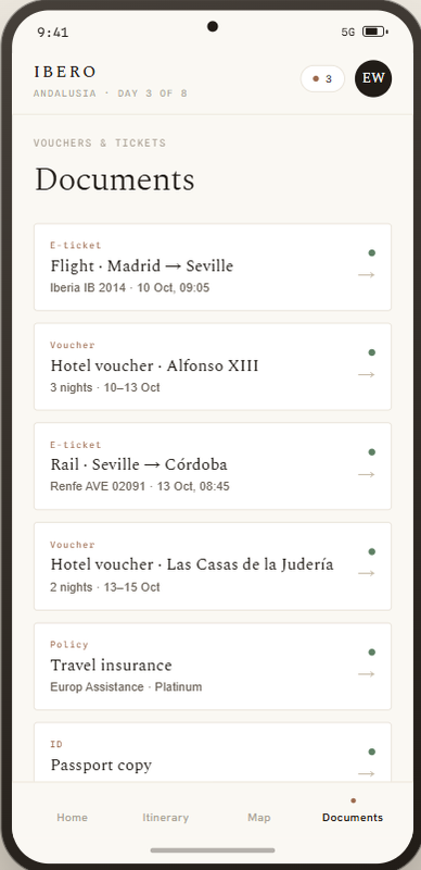 Pantalla de documentos de la app, con billetes, bonos de hotel y seguro de viaje